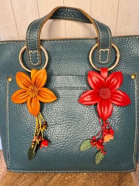 Genuine Leather Daisy Flower Purse Charms Set of 2 Fall Bag Charms